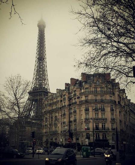 paris street with the eiffel tower in fog + material reference for broken grid